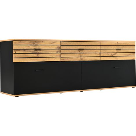 Mobile TV 168 cm con 2 ante e 3 cassetti, legno naturale e nero, 65 pollici (1/5)