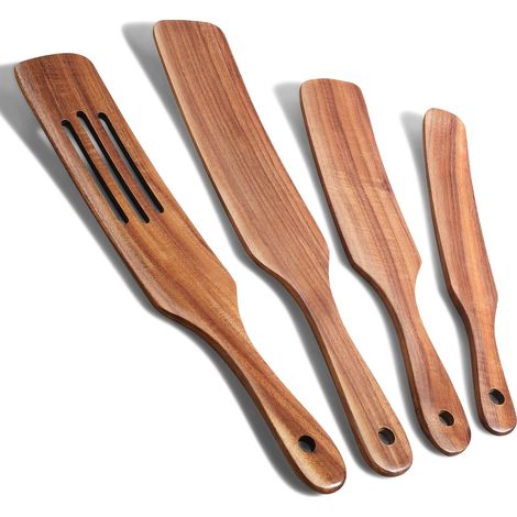 Il s'agit d'un ensemble de 4 ustensiles de cuisine en bois d'acacia naturel, comprenant des cuillères en bois pour la cuisson et d'autres outils de cuisine.