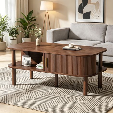 Modernluxe - Table basse 110x55x45 cm - Table d'appoint - Avec porte coulissante et rangements ouverts - MDF - Marron (1/5)