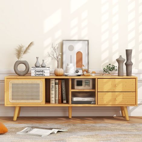 Meuble TV avec Rangement pour Écran jusqu'à 65 Pouces en Bambou Naturel Portes Rotin et Tiroirs pour Salon (1/5)