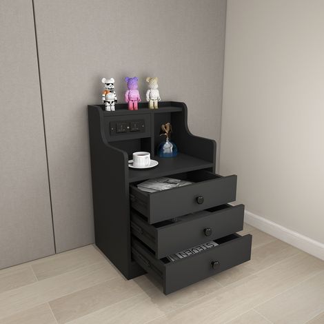 Sifree – Table de chevet 3 tiroirs noir – Panneau de particules 16mm – Prises USB intégrées – Dimensions 35x45x68cm – Multifonctionnelle pour chambre moderne (1/4)