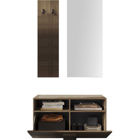 Eingangsmöbel Muros, inkl. Spiegel, 4 Paar Made in Italy, 2 Regale, 91x36x165h cm Eichebraun