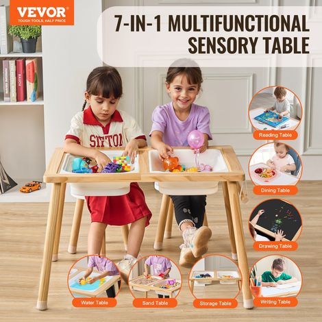 Table d'Activités pour Enfants, Table d'Exploration Sensorielle avec 3 Bacs de Rangement et 1 Porte-papier, Table d’Eau et de Sable en Bois, Intérieure/Extérieure, pour Dessiner et Étudier (1/5)