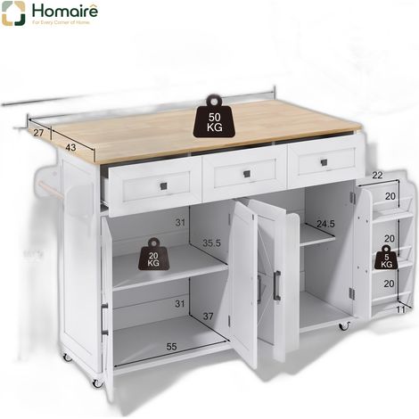 Desserte de cuisine blanche en mdf 140 x 70 x 93 cm HOMAIRE (1/5)