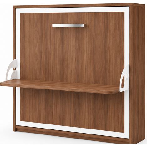 Lit escamotable horizontal avec bureau BONA - Ouverture automatique assistée - renforcé – Spécial location meublée Noyer Sans matelas-90x200-Cadre Noyer-Façade Noyer (1/5)