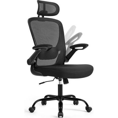 Chaise bureau ergonomique en toile fauteuil support lombaire rembourré mécanisme à bascule assise large de 53 cm accoudoirs rabattables appui-tête noir d'encre (1/5)