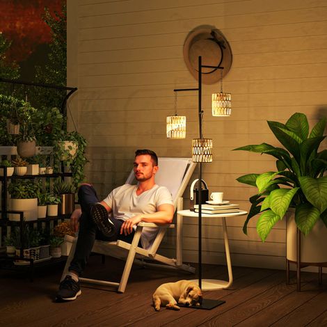 Solar Stehlampe Rattan Solarlampen mit Lichtsensor 3 Lichten Automatisch im Boho-Stil IP44 Spritzwassergeschützt
