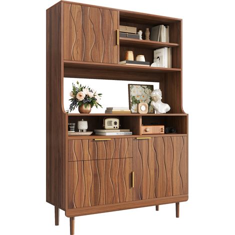 Buffet Haut avec Tiroir, Portes et Étagères Ouvertes, Façade Ondulée, pour Cuisine et Salle à Manger, MDF, Noyer (1/5)