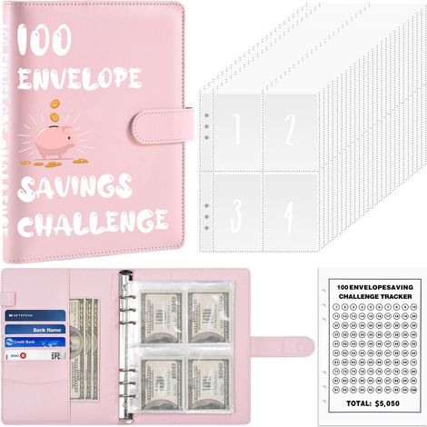 1 Kit Défi des 100 enveloppes, Classeur A5 en cuir PU, 25 pochettes PVC, Suivi budget épargne (1/5)