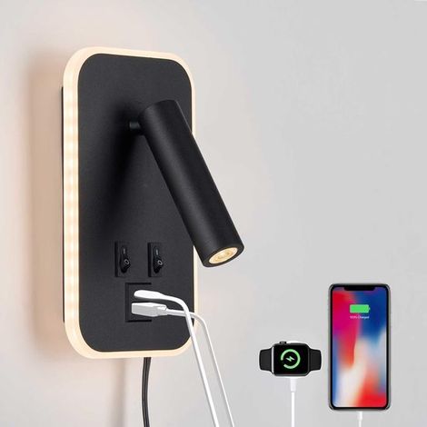 Lampada da lettura da parete con porte USB-C e USB-A, regolabile, 10W + 3W, luce calda 3000K, collegamento a rete o tramite cavo, per camera da letto, nera (1/5)