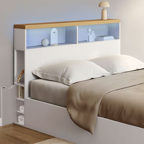 Cabecero LUNA 145 cm LED con compartimentos cerrados y nichos blancos y encimera efecto madera (1/4)