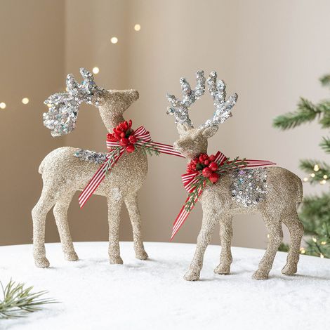 Renne De Noël - Décor Festif Avec Paillettes - Pour Cheminée Étagère Fenêtre - 2 Pièces
