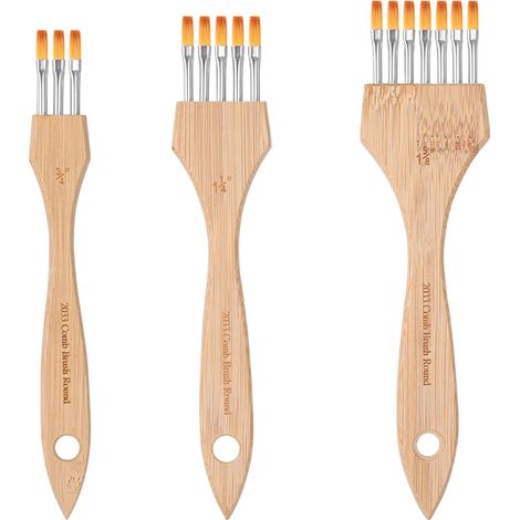Lot de 3 pinceaux de peinture de texture, pinceau plat, poils en nylon pour acrylique, aquarelle, gouache, création de lignes, plumes, motifs, manche en bambou (1/5)