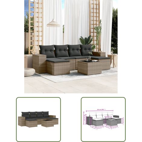 The Living Store 7-tlg. Garten-Sofagarnitur mit Kissen Grau Poly Rattan - Gartenmöbel Set - PE-Rattan Möbel - Outdoor Lounge - Esstisch Set - Balkonmöbel