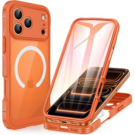 Magnétique Coque iPhone 17 Pro [Compatible avec MagSafe] intégré 9H Verre Trempé Protection écran et Protection Caméra, 360° Antichoc Téléphone Housse Double Face Case Intégrale Etui -Orange (1/5)