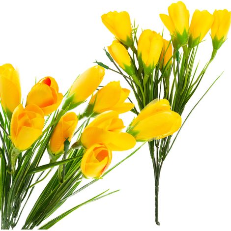 CV27023-4 CROCO ARTIFICIALE MAZZO DI CROCI ARTIFICIALI 10 CROCI IN ERBA COMPOSIZIONE PRIMAVERILE GIALLO