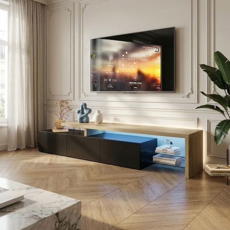 Mueble de TV Elegancia, negro lacado, con iluminación LED, estantes de vidrio, 3 puertas, 200 cm, mueble de salón.