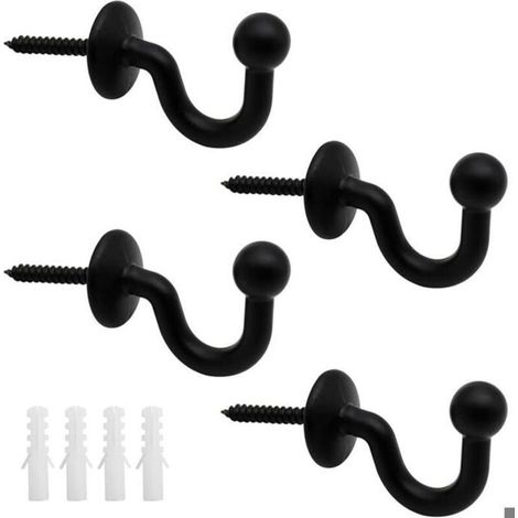 Lot de 4 Crochets Rideaux Embrasses de 61mm en Mtal Noir Retenue de Rideaux Muraux Embrasse Rideau U Design Multifonctionnels PZCC (1/4)