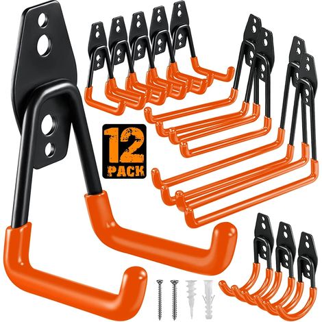 Set mit 12 Garagenhaken, robuste Wandhaken aus Stahl, Halterung und Organizer für Elektrowerkzeuge, Leitern, sperrige Gegenstände, Fahrräder, Seile und andere Ausrüstung. (1/5)