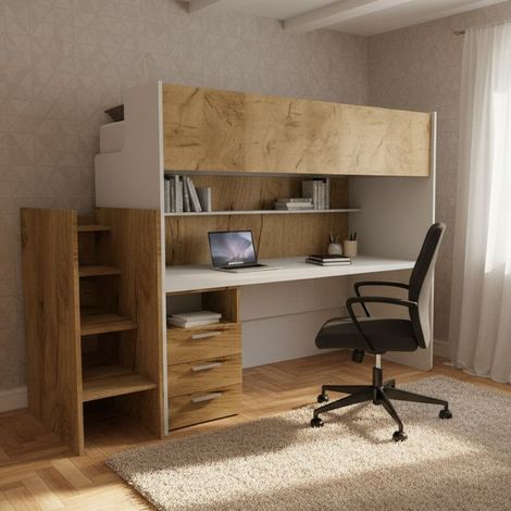 Letto a castello con scrivania integrata e scaletta contenitiva – Soluzione salvaspazio ideale per ragazzi - Bianco e Quercia