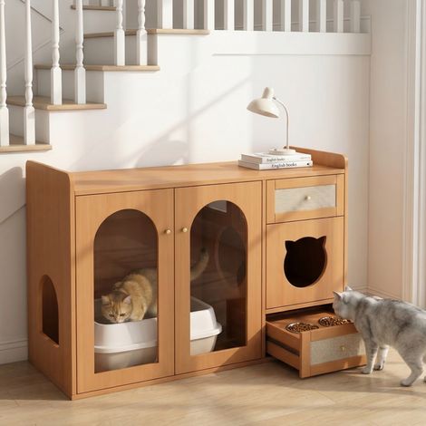 Mobile lettiera per gatti 120 x 45 x 83 cm con vano contenitore, marrone DESVIAE (1/5)