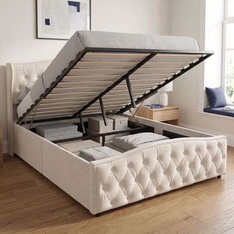 Lit coffre 140x200 cm en velours, lit double adulte avec sommier, rangement hydraulique, style élégant, Beige (1/5)