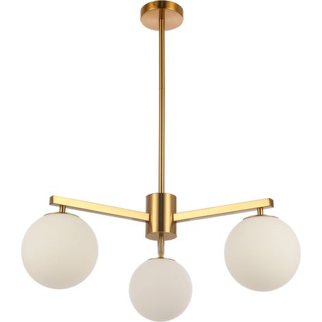 Lustre Suspension 3 Lumières en Laiton Satiné et Verre Blanc E27 - PANGIVO (1/2)