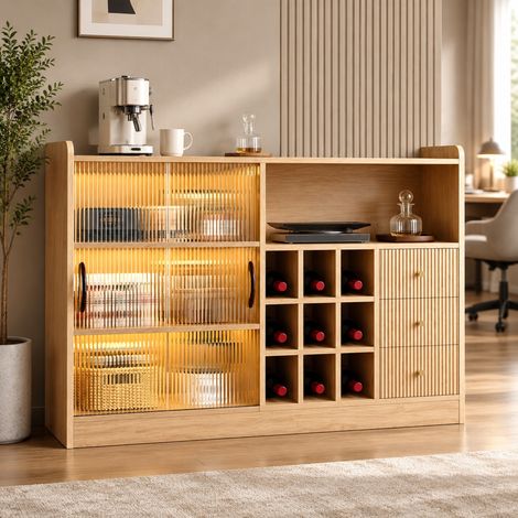 120 cm Aufbewahrungsmöbel mit LED, Glastüren und Weinregal OKMYHOME (1/5)