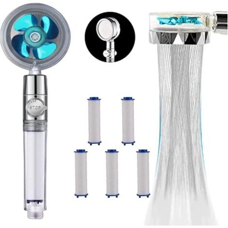 douchette + 5 recharges filtres SAVEWATER POWER - VENTEO - Pommeau de douche avec hélice haute pression - Economise et filtre l&39eau - Régulateur de puissance grâce à l&39interrupteur stop (1/4)