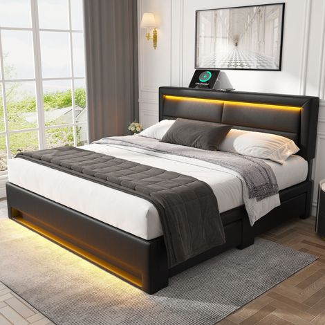 Lit rembourré 140 x 190 cm, avec port usb, avec éclairage led et tiroirs de rangement, noir (1/5)