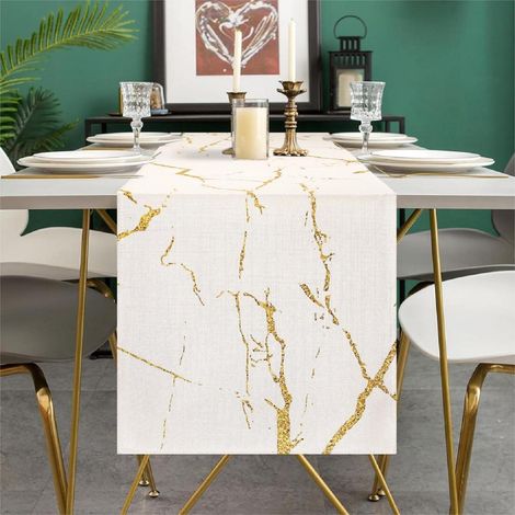 Chemin de table aspect marbre avec accents dorés 33x183 cm aspect lin Facile d'entretien