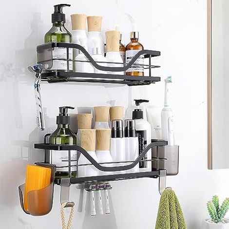 Etagere Douche 2 Pièces Auto-AdhéSif Rangement Douche Sans Percage Etagere Murale Porte Shampoing Ddouche Inox Avec Noir (1/4)