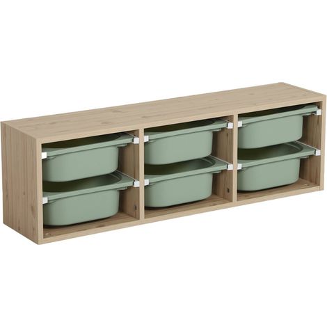 Children storage unit with 6 colourful bins, natural greenish-grey 97.5x21x29.4 cm - Sora (1/4)