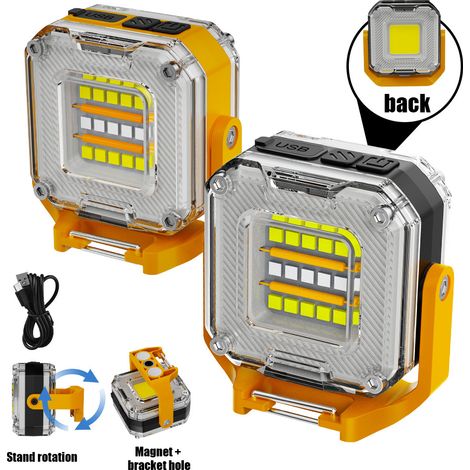 Lot de deux mini lampes de travail rechargeables, lampes COB avec base magnétique, lampes porte-clés LED portables. (1/5)