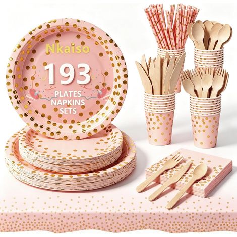 193 Pcs Pink Or Vaisselles Jetable Anniversaire Kit-24 invités (1/5)