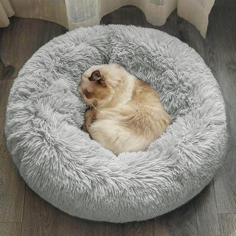Coussin Chien Panier Chat Rond Peluche 50cm Gris Intérieur Hiver (1/5)