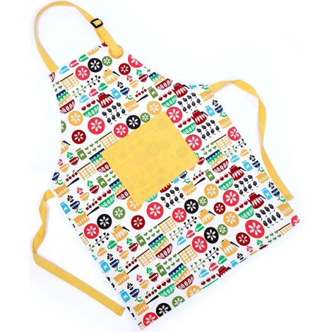 QAZQA Tablier Enfant pour Garçons Filles Théière Bol Jaune 3-5 Ans Bavoir de Cuisine Tablier de Chef Imperméable pour Enfants Sangle Réglable pour Cuisine Peinture Cuisson Artisanat Jardinage