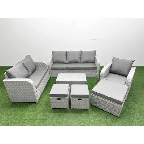 Fimous Patio PE Wicker 9 Seater Outdoor Rattan Furniture Sofa Sets with Rectangular Coffee Table Reclining Chair Loveseat Sofa 3 Seater Sofa Stool Light Grey (1/4)