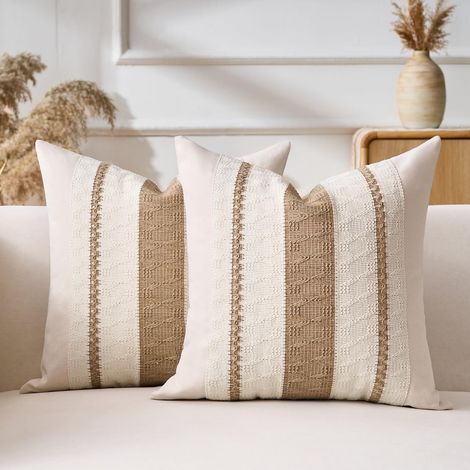 Housse Coussin 45x45 Marron Housse De Coussin Canape Coussins Décoratif Bohème Texturée à Rayures Tissées Décoratives,Lot de 2. (1/5)