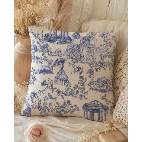 Coussin Héritage toile de Jouy 40x40cm – 100% coton - 40x40cm - Bleu (1/2)