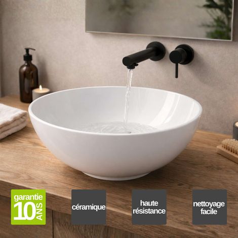 Vasque à poser ronde en céramique blanc brillant Ø41 cm, Profondeur 14,5 cm – SANIZEO ATE - Idéale pour salle de bain moderne (1/5)