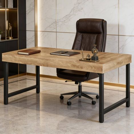 Bureau informatique 140x70x76 cm en MDF et métal brun-noir, moderne pour bureau FloraGrace (1/5)