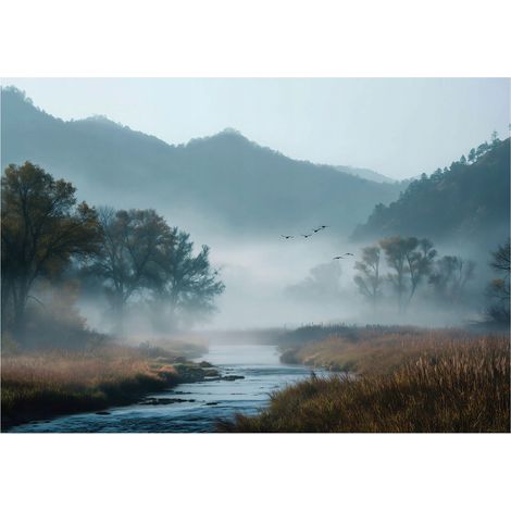 Fototapete Wald See Nebel Natur – Moderne Großformat Wandtapete 150x105 cm – Für Wohnzimmer & Schlafzimmer