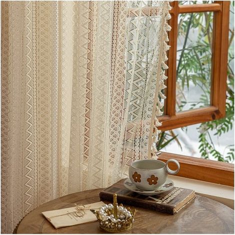 140x240 cm Rideaux en Dentelle Bohème Crème, 2 Panneaux, Filtrent la Lumière pour Salon et Chambre (1/5)