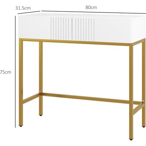 Console moderne pour entrée avec deux tiroirs et pieds dorés, 80 x 31,5 x 75 cm, blanche (1/5)