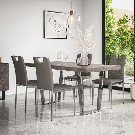 Aria Dining Table And Chairs -  Grey Table Top w Chrome Legs + Monza Faux Leather Dining Chair w Chrome Legs Set Of 4 (Grey) (1/5)
