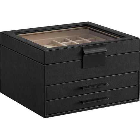 Portagioie con coperchio in vetro, sistema di archiviazione a 3 livelli e 2 cassetti, stile moderno, 20 x 23 x 13,5 cm, nero e oro interstellare