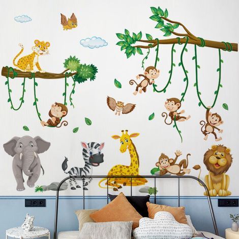 Adesivi murali per bambini: animali, rami della foresta, tigre, cervo, elefante, foglie, decorazione murale, cameretta. (1/4)