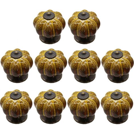 10 Stück Vintage-Möbelgriffe in Kürbisform, Keramik-Schubladenknöpfe, 40 mm, mit Schrauben, gelb (1/5)