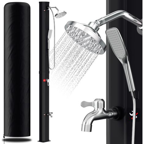 Wolketon Solardusche 35 Liter mit Standsäule in Schwarz – Komplettset inkl. Abdeckhaube, Handbrause & Drain Stop (Gartendusche, Pooldusche)